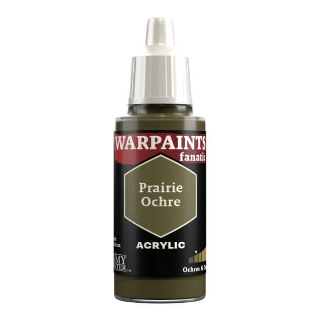 A bottle of Warpaints Fanatic: Prairie Ochre acrylic paint in a 18ml container.
