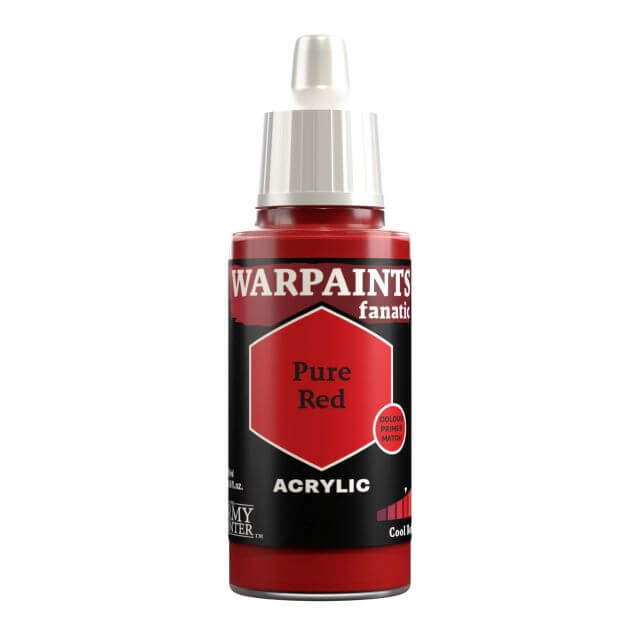 A bottle of Warpaints Fanatic Pure Red acrylic paint.