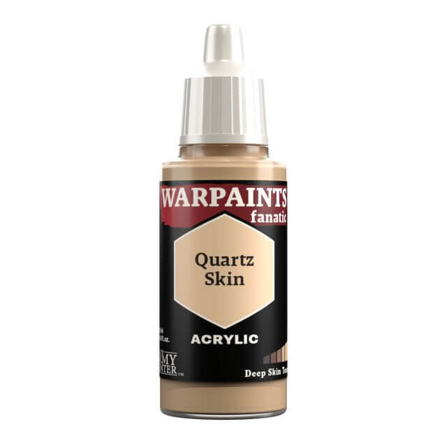 A bottle of Warpaints Fanatic Quartz Skin acrylic paint in a light yellowish brown color, labeled for deep skin tones.