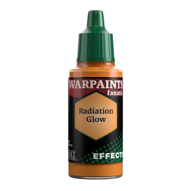 A bottle of Warpaints Fanatic Effect paint Radiation Glow, a vibrant orange, with a green cap. 