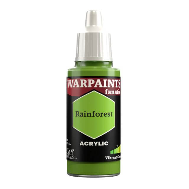 A bottle of Warpaints Fanatic: Rainforest acrylic paint in vivid yellowish green color.
