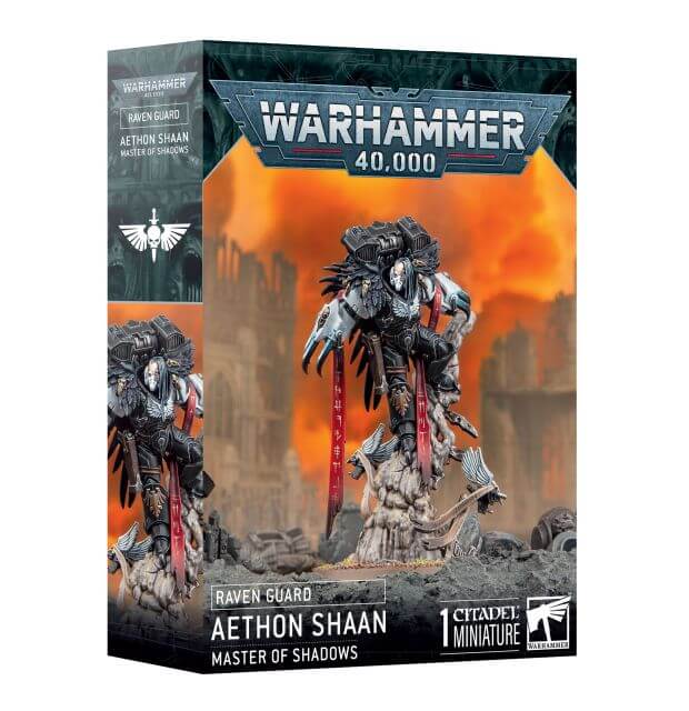 Warhammer 40,000 miniatures box with Aethon Shaan figure on a fiery background