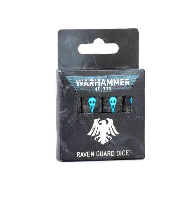 Pack of Warhammer 40,000 Raven Guard dice with packaging on a white background