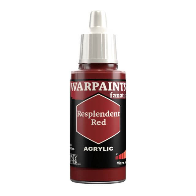 A bottle of Warpaints Fanatic Resplendent Red acrylic paint.
