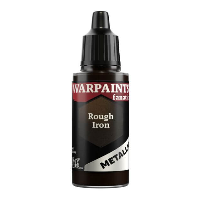 A bottle of Warpaints Fanatic Metallic paint in the color Rough Iron, with a label that includes the product name and the brand The Army Painter.