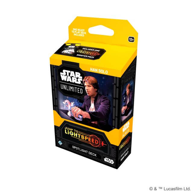 The box for the Star Wars: Unlimited Jump to Lightspeed Spotlight deck featuring Han Solo.