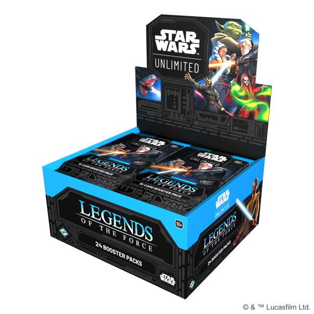 An Open booster display of 24 boosters of Star Wars: Unlimited Legends of the Force.