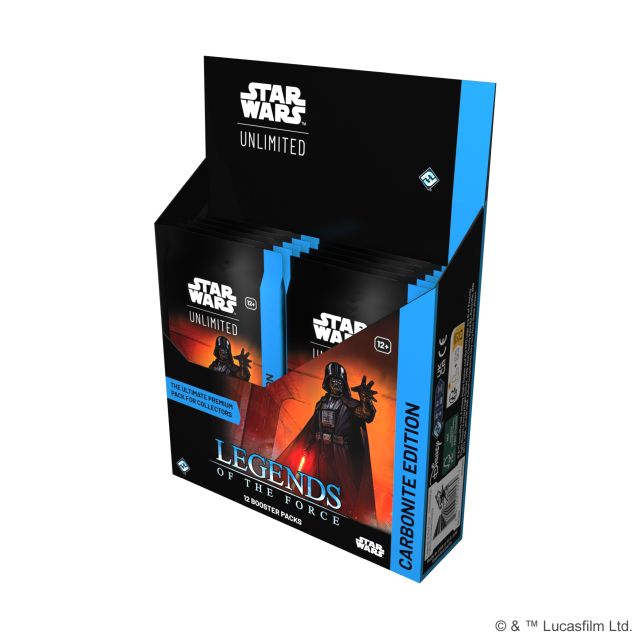 An open booster box of 12 Star Wars Unlimited carbonite boosters. 