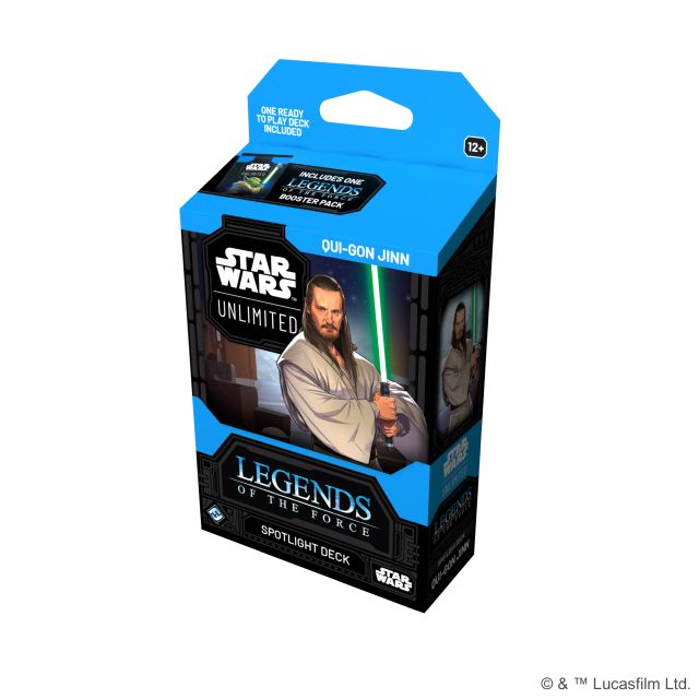 Packaging for the Star Wars: Unlimited Legends of the Force spotlight deck featuring the character Qui-Gon Jinn.