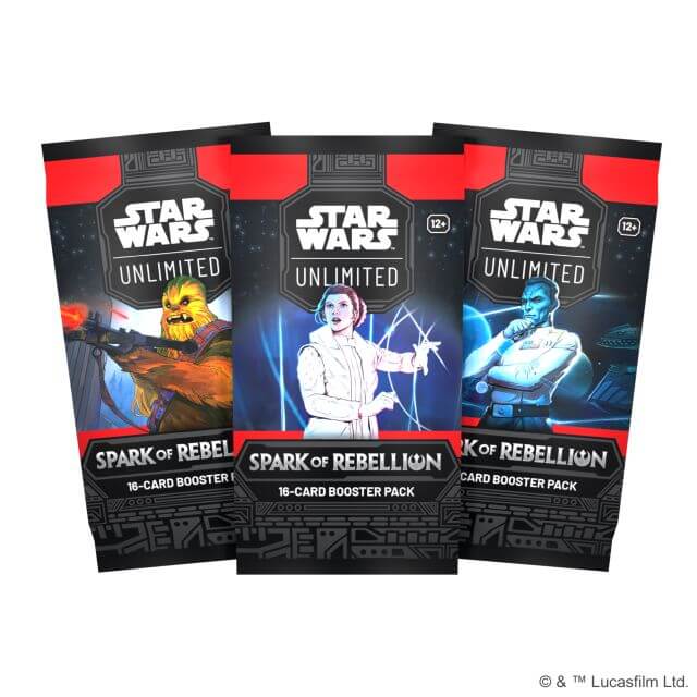 Three individual booster packs of Star Wars unlimited: Spark of Rebellion.