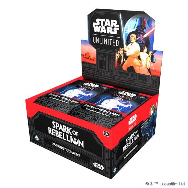 A display booster box of 24 Star Wars: Unlimited: Spark of Rebellion booster packs.