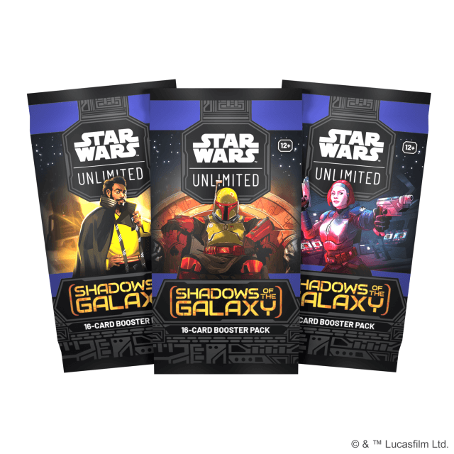 Three booster packs of Star Wars: Unlimited Shadows of the Galaxy.