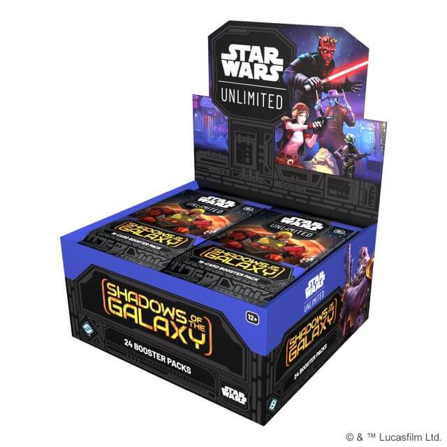 An open booster box containting 24 packs of Star Wars: Unlimited Shadows of the Galaxy.