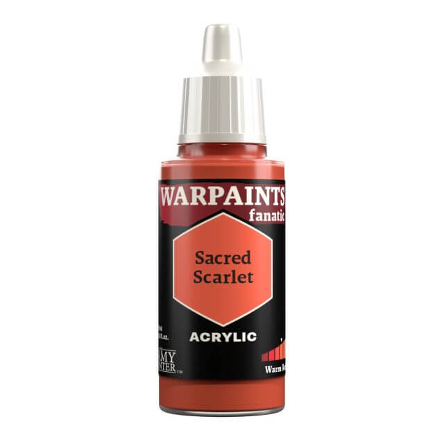 A bottle of Warpaints Fanatic Sacred Scarlet acrylic paint.