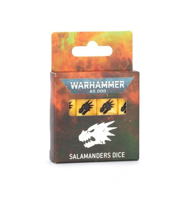 Warhammer 40,000 Salamanders dice set packaging on a white background