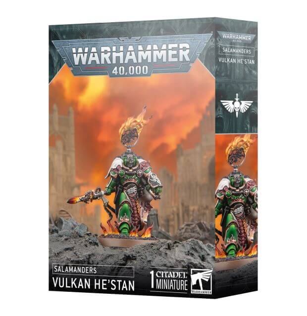 Warhammer 40,000 Salamanders Vulkan He'Stan miniature packaging with fiery background