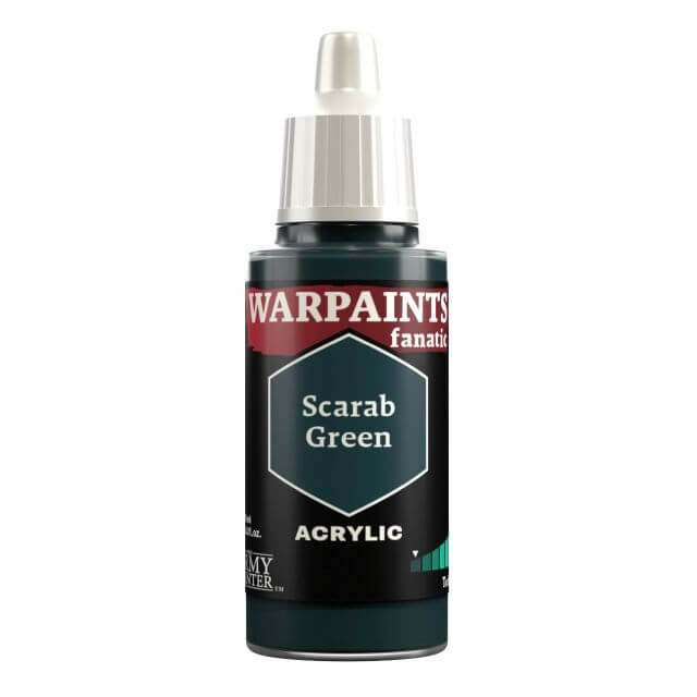A bottle of Warpaints Fanatic Scarab Green acrylic paint.