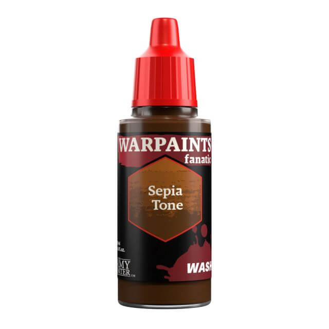 A bottle of Warpaints Fanatic Wash paint in Sepia Tone, with a red cap on a white background.