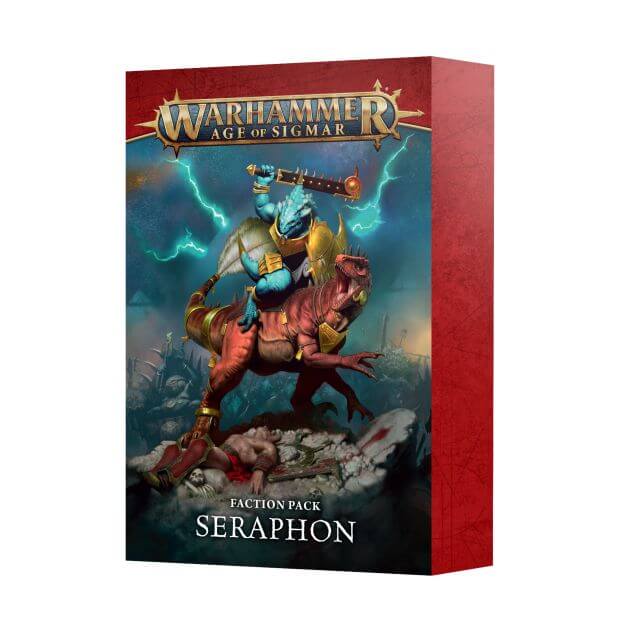 Packaging for the Seraphon 4th Ed Faction Pack, featuring artwork of a fantasy creature on a mount with a red and blue backdrop, part of the Warhammer Age of Sigmar game.