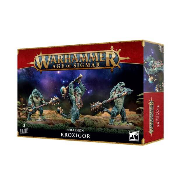 Product packaging for 'Warhammer Age of Sigmar: Seraphon Kroxigor' featuring illustrations of the Kroxigor characters with their weapons and bases, indicating the scale and detail of the miniatures.