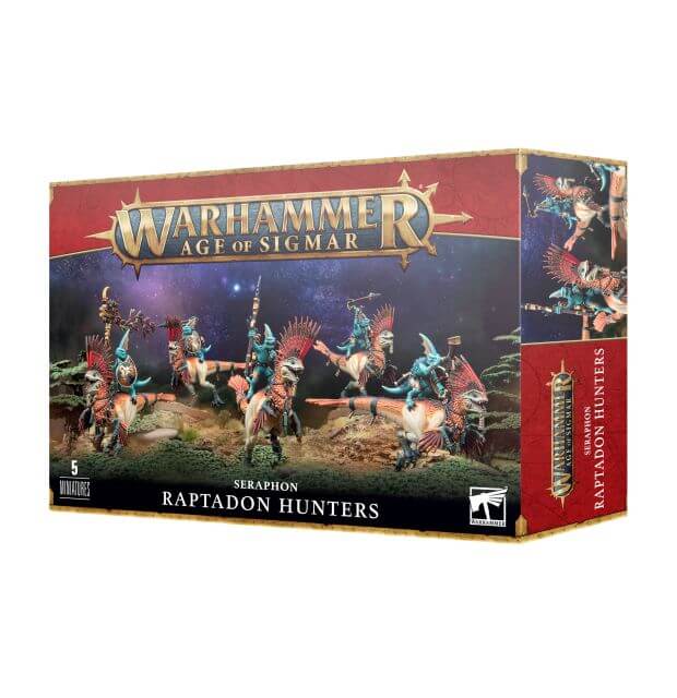 Product packaging for 'Seraphon Raptadon Hunters' in the Warhammer Age of Sigmar game, featuring illustrations of skink cavalry mounted on raptadon beasts, with branding and product information.