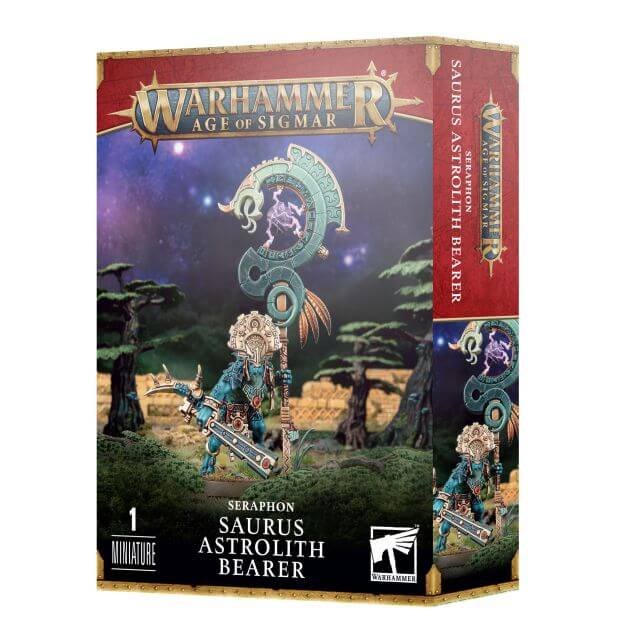 Product packaging for 'Seraphon Saurus Astrolith Bearer 2023' featuring an illustration of a fantasy creature, with astrological and cosmic elements in the background. The packaging includes the Warhammer Age of Sigmar logo and indicates the miniature is unassembled and unpainted.