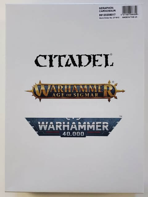 Packaging for Warhammer 40,000 miniature Seraphon Saurus Oldblood on Carnosaur, featuring the product name and the Citadel logo.