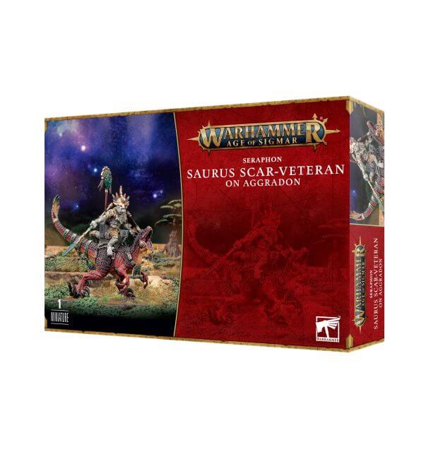 Product packaging for 'Seraphon Saurus Scar-Veteran On Aggradon' featuring an illustration of a war-leader riding a steed, with ornate armor and a relic spear, set against a cosmic backdrop.