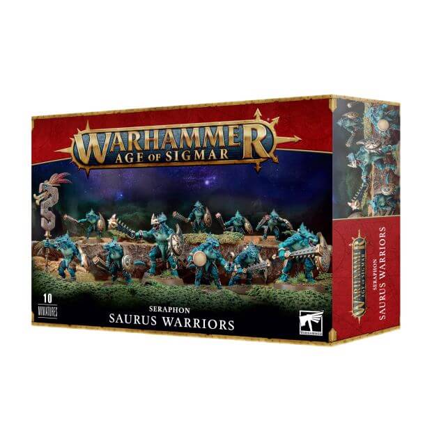 Product packaging for 'Seraphon Saurus Warriors 2023' featuring illustrations of the Saurus Warrior miniatures, with details of the game 'Warhammer Age of Sigmar'. The box indicates the kit includes 10 different designs of interchangeable heads and shields, and mentions the miniatures are unassembled and unpainted.