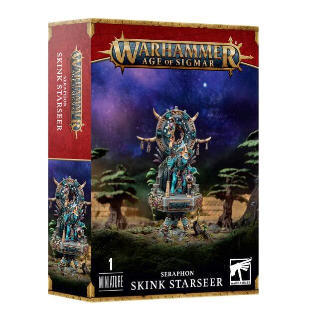 Product packaging for 'Seraphon Skink Starseer 2023' featuring an illustration of a fantasy character riding a palanquin, with options for different poses and accessories, set against a cosmic themed backdrop.