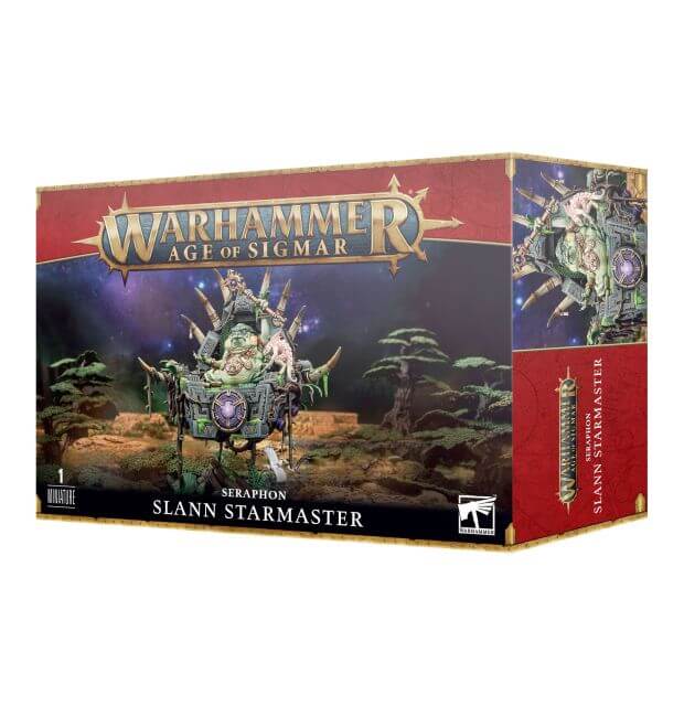 Product packaging for Warhammer Age of Sigmar Seraphon Slann Starmaster miniature, featuring the miniature itself on the front with magical themes and a toad-like creature with a floating palanquin.