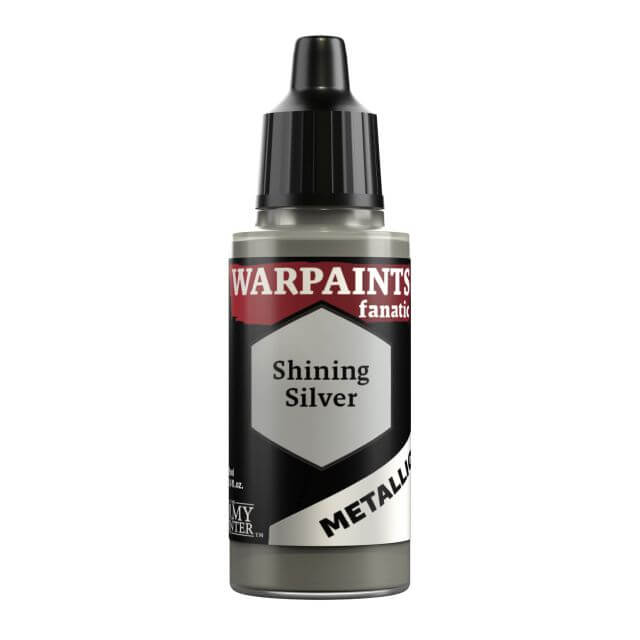 A bottle of Warpaints Fanatic Metallic craft paint in Shining Silver color, with a label showing the brand and product name.