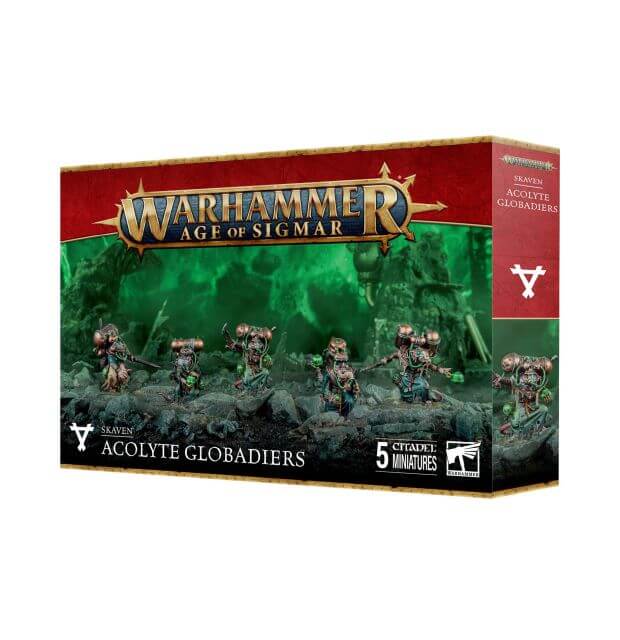 Product packaging for Warhammer Age of Sigmar Acolyte Globadiers, featuring illustrations of the miniatures and the box art with the Warhammer logo.