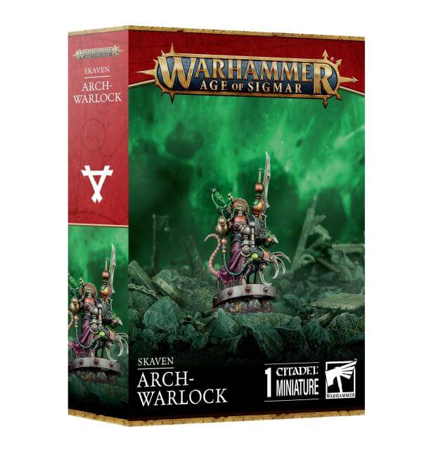Product packaging for Warhammer Age of Sigmar Skaven Arch-Warlock miniature, featuring the assembled and painted figure on the box art.