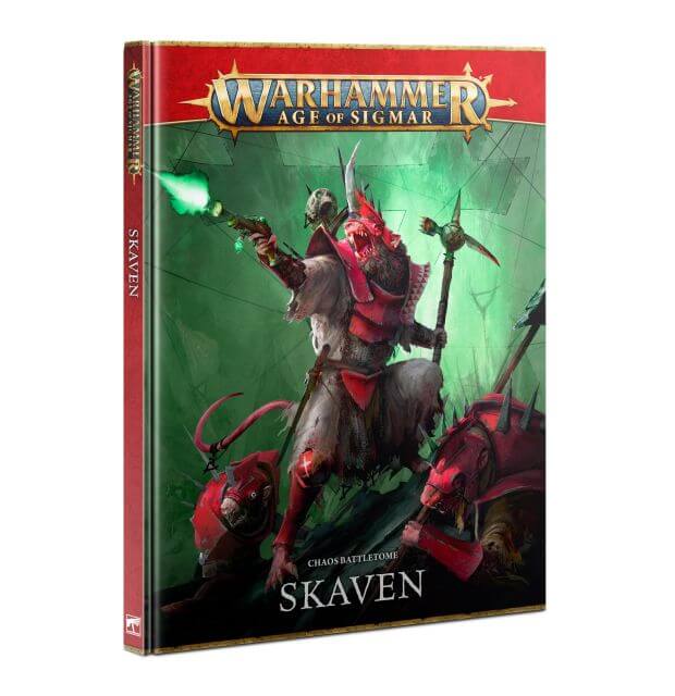 Cover of the Skaven Battletome 2024 book for Warhammer Age of Sigmar, featuring an illustration of a Skaven character wielding a staff with a green backdrop.