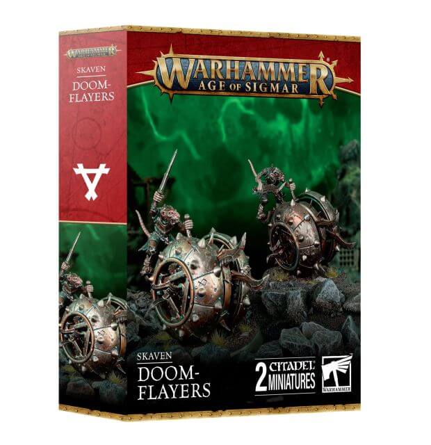 Product packaging for 'Skaven Doom-Flayers' featuring two assembled miniature war-engines on a base, with a green backdrop and 'Warhammer Age of Sigmar' branding.