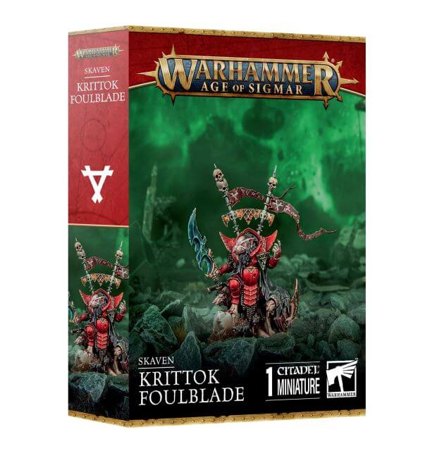 Product packaging for 'Skaven Krittok Foulblade' featuring a miniature from the Warhammer Age of Sigmar series. The box displays the miniature in a combat pose against a themed backdrop.
