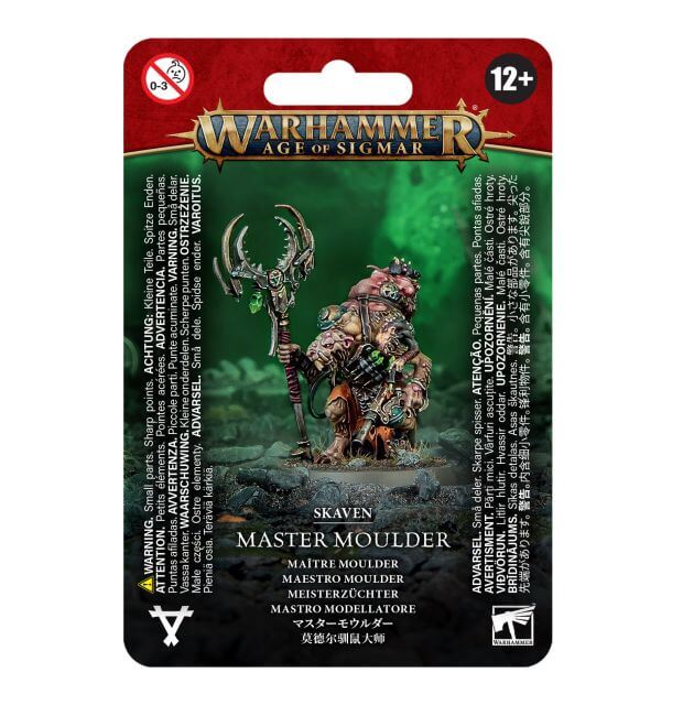 Packaging for Warhammer Age of Sigmar Skaven Master Moulder miniature, featuring the assembled and painted model on the front.