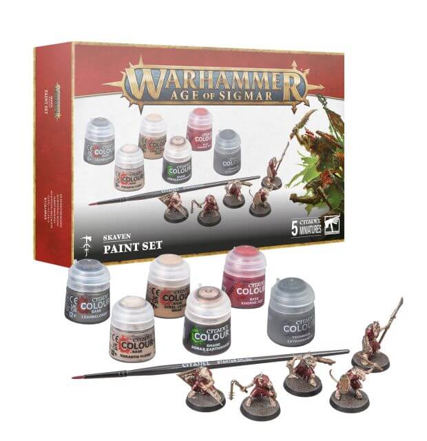 A box of Warhammer Age of Sigmar Skaven Paint Set containing five plastic Clanrat miniatures, five paint pots, and a painting brush.