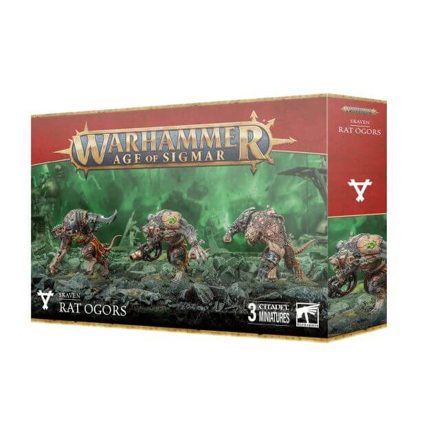Product packaging for Warhammer Age of Sigmar Skaven Rat Ogors miniatures, featuring images of the assembled and painted miniatures on the front.