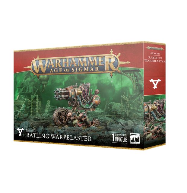 Product packaging for 'Skaven Ratling Warpblaster' featuring artwork of the miniature model, set against a fantasy war game backdrop.