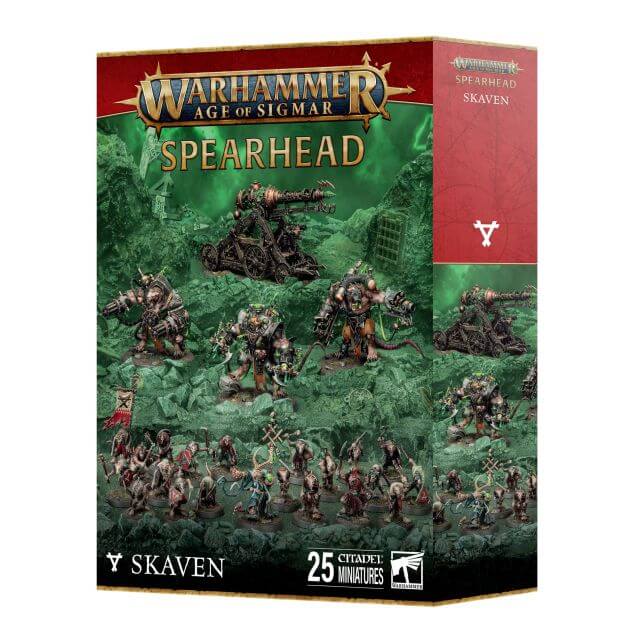 Product packaging for 'Skaven Spearhead 2024' featuring illustrations of fantasy rodents and magical elements, indicating it is a miniature model set for tabletop gaming.