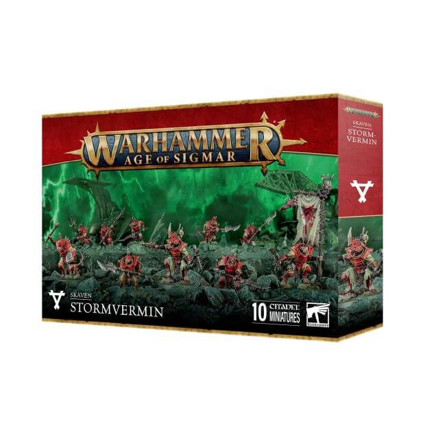 Product packaging for Warhammer Age of Sigmar Stormvermin miniatures, featuring the miniatures in an array of red and green colors, ready for assembly and painting.