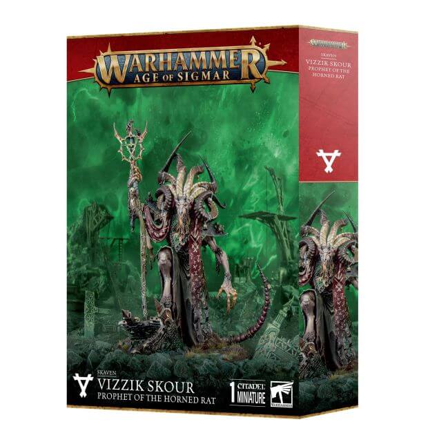 Product packaging for Warhammer Age of Sigmar miniature, featuring a daemonic priest with a horned rat, against a green and purple background.
