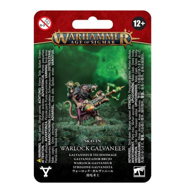 Packaging for Skaven Warlock Galvaneer miniature from Warhammer Age of Sigmar, showing the assembled model holding a weapon, with green accents on the cardboarding backing.