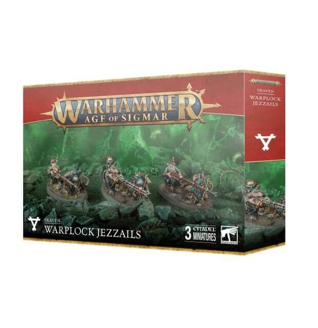Product packaging for Warhammer Age of Sigmar Warlock Jezzails, featuring images of the miniature figures and the box art with magical themed illustrations.
