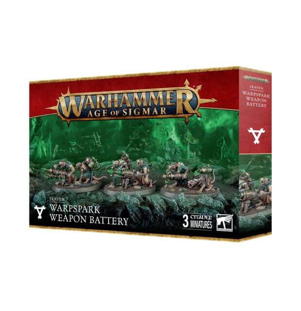 Product packaging for 'Warhammer Age of Sigmar: Warpspark Weapon Battery', featuring illustrations of small toy figures and bases for a miniature game set in a fantasy world.