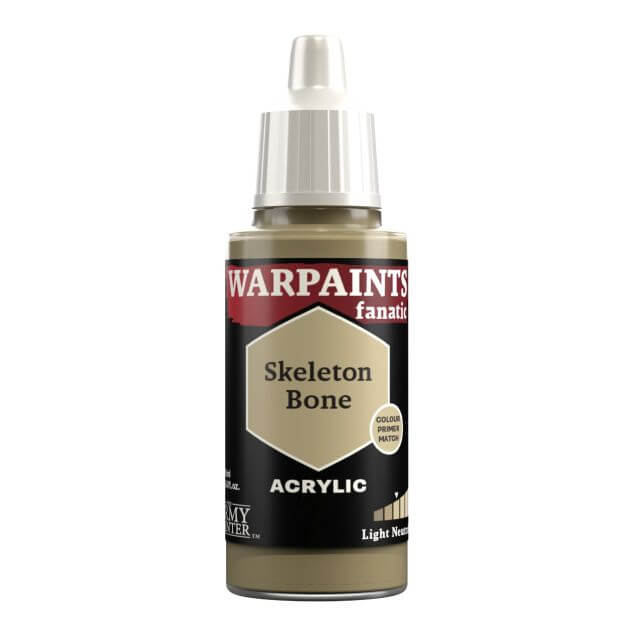 A bottle of Warpaints Fanatic Skeleton Bone acrylic paint in light olive brown.