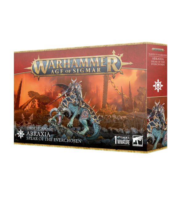 Product packaging for 'Warhammer Age of Sigmar: Slaves to Darkness Abraxia Spear of The Everchosen', featuring an illustration of a fantasy creature, likely the Abraxia, with a spear and helmet.