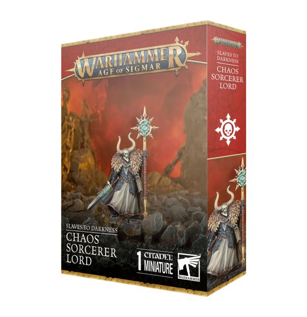 Product packaging for Warhammer Age of Sigmar Chaos Sorcerer Lord miniature, featuring the miniature itself in a combat pose, with two heads and a staff topper, against a backdrop of a sunset with dark clouds.